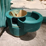 Green Velvet Cylindrical Nightstand with Gold Mirror Stainless Steel Top & Rotating Storage